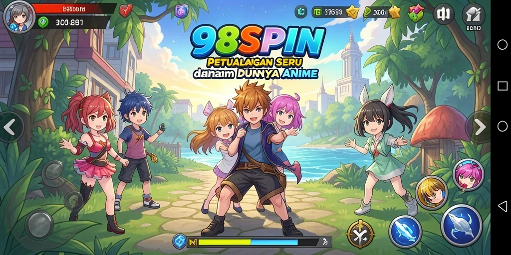 Tangkapan layar gameplay <strong>98SPIN</strong> yang menampilkan karakter anime dan misi seru.