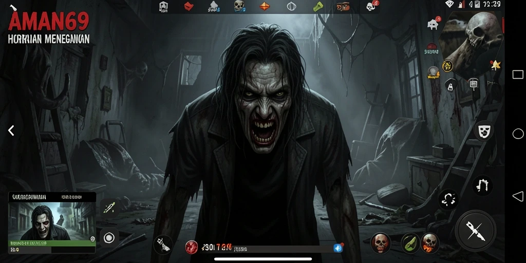 Tampilan gameplay menegangkan dalam AMAN69 dengan efek suara yang mencekam.