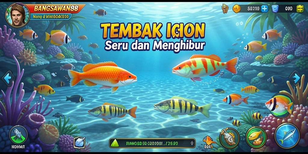 Tampilan gameplay seru BANGSAWAN88 saat menembak ikan di laut.