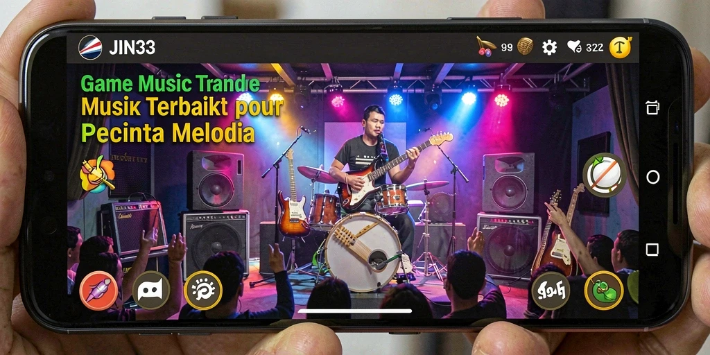 Screenshot gameplay JIN33 menampilkan interaksi pengguna dengan alat musik virtual.