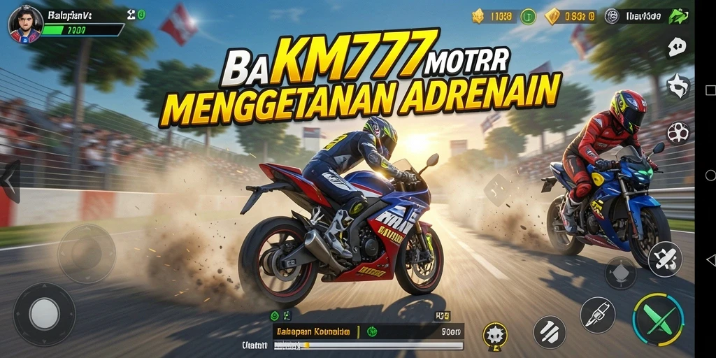 Screenshot gameplay KM777 menampilkan aksi balapan motor yang mendebarkan.