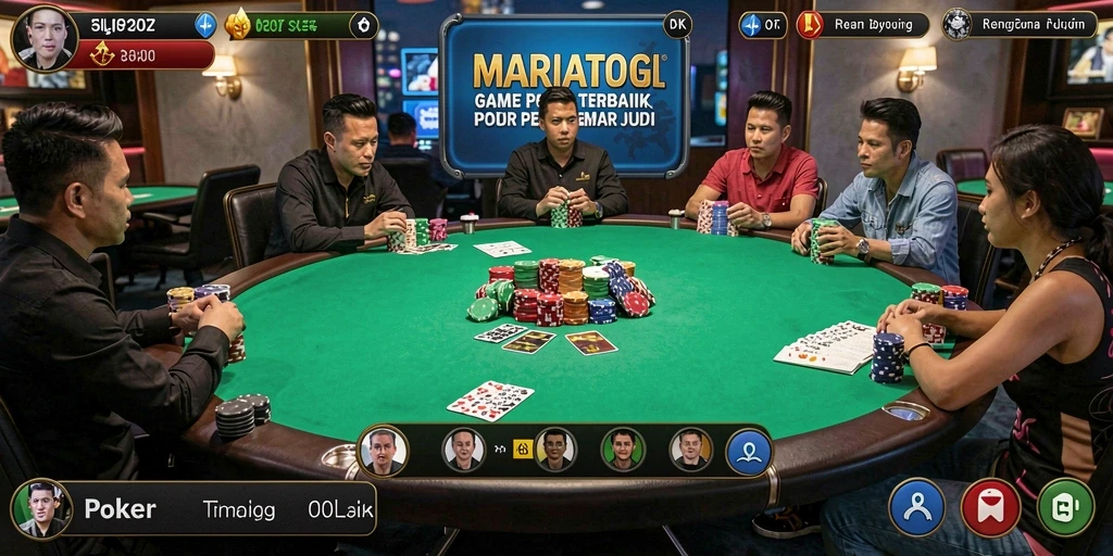 Screenshot permainan poker MARIATOGL yang menunjukkan suasana meja yang menegangkan.