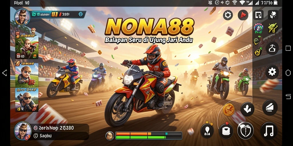 Tampilan gameplay NONA88 dengan balapan yang intens dan kendaraan yang beragam.
