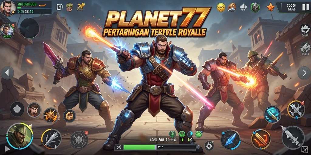 Screenshot gameplay PLANET77 menampilkan pertarungan epik di arena Battle Royale.